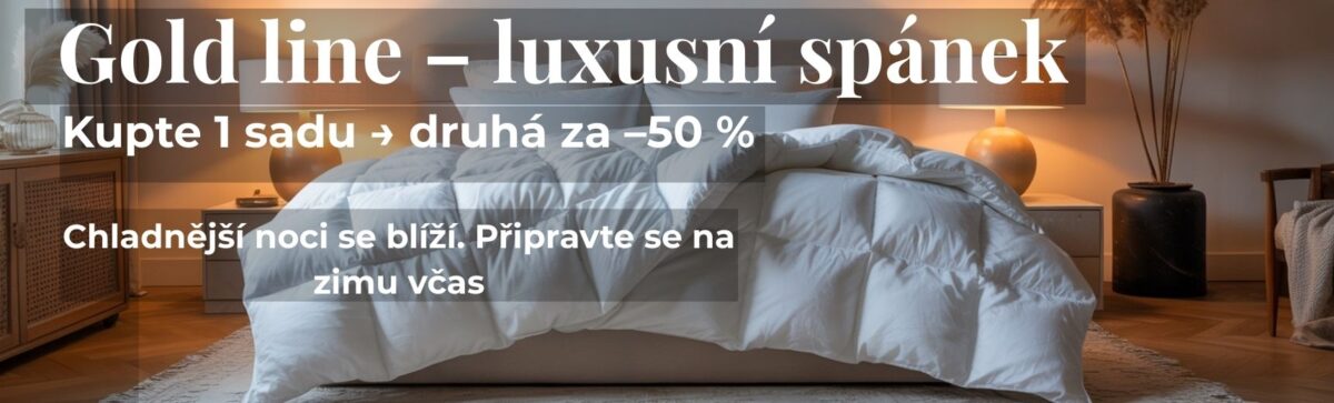 Luxusní péřové přikrývky a polštáře v akci Luxusní péřová přikrývka Gold line na posteli – akce, kupte 1 sadu a druhou získáte za poloviční cenu