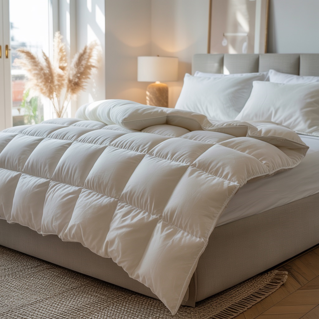 comfort-line-perova-prikryvka Bílá přikrývka z peří složená na posteli v moderní ložnici