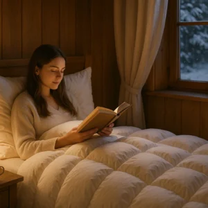 Žena čtoucí knihu v zimní péřové přikrývce – Sakura Line